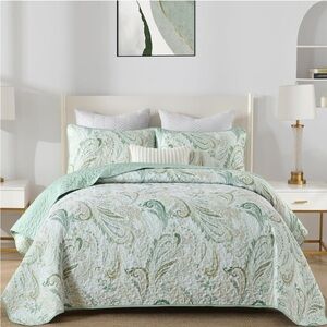 WONGS BEDDING Boho Quilt Set King, 3 Pieces Sage Green Paisley Pattern 104"×90"